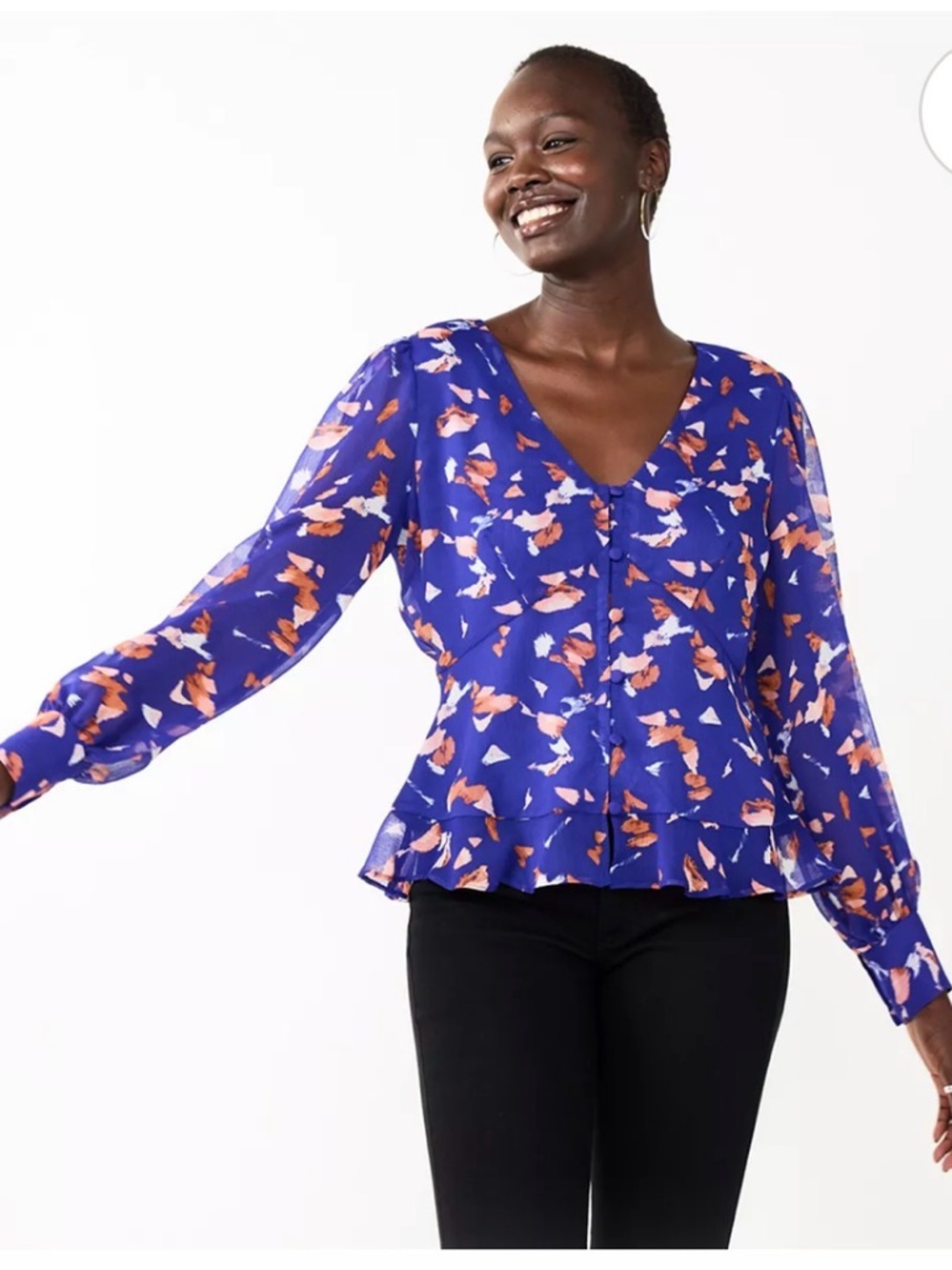 Nine West Royal Blue Blouse with Coral and White Abstract Print